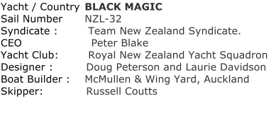 Yacht / Country	 BLACK MAGIC	 Sail Number	 NZL-32 	 Syndicate :	  Team New Zealand Syndicate.	 CEO	                  Peter Blake	 Yacht Club:	  Royal New Zealand Yacht Squadron	 Designer :	         Doug Peterson and Laurie Davidson	 Boat Builder :	 McMullen & Wing Yard, Auckland	 Skipper:	         Russell Coutts