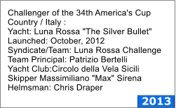Challenger of the 34th America's Cup Country / Italy : Yacht: Luna Rossa "The Silver Bullet" Launched: October, 2012 Syndicate/Team: Luna Rossa Challenge Team Principal: Patrizio Bertelli Yacht Club:Circolo della Vela Sicili Skipper Massimiliano "Max" Sirena Helmsman: Chris Draper 2013