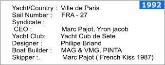 Yacht/Country :  Ville de Paris Sail Number :     FRA - 27 Syndicate :      CEO :                Marc Pajot, Yron jacob Yacht Club:        Yacht Cub de Sete Designer :          Philipe Briand Boat Builder :     MAG & VMG, PINTA Skipper :.            Marc Pajot ( French Kiss 1987)   1992