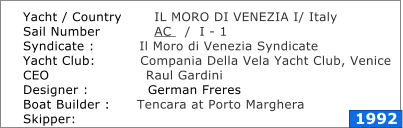 Yacht / Country	    IL MORO DI VENEZIA I/ Italy	 Sail Number	    AC   /  I - 1 Syndicate :          Il Moro di Venezia Syndicate	 Yacht Club:          Compania Della Vela Yacht Club, Venice	 CEO	                   Raul Gardini	 Designer :	           German Freres	 Boat Builder :      Tencara at Porto Marghera	 Skipper:	 1992