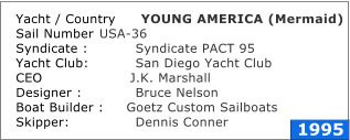 Yacht / Country	YOUNG AMERICA (Mermaid)	 Sail Number	USA-36	 Syndicate :	        Syndicate PACT 95	 Yacht Club:	        San Diego Yacht Club	 CEO	                J.K. Marshall	 Designer :	        Bruce Nelson	 Boat Builder :     Goetz Custom Sailboats			 Skipper:	        Dennis Conner	 1995